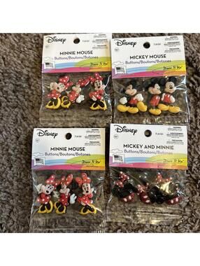 4 Packs Lot Minnie Mickey Mouse Disney Buttons Minnie Red Bow 15pc Dress It Up